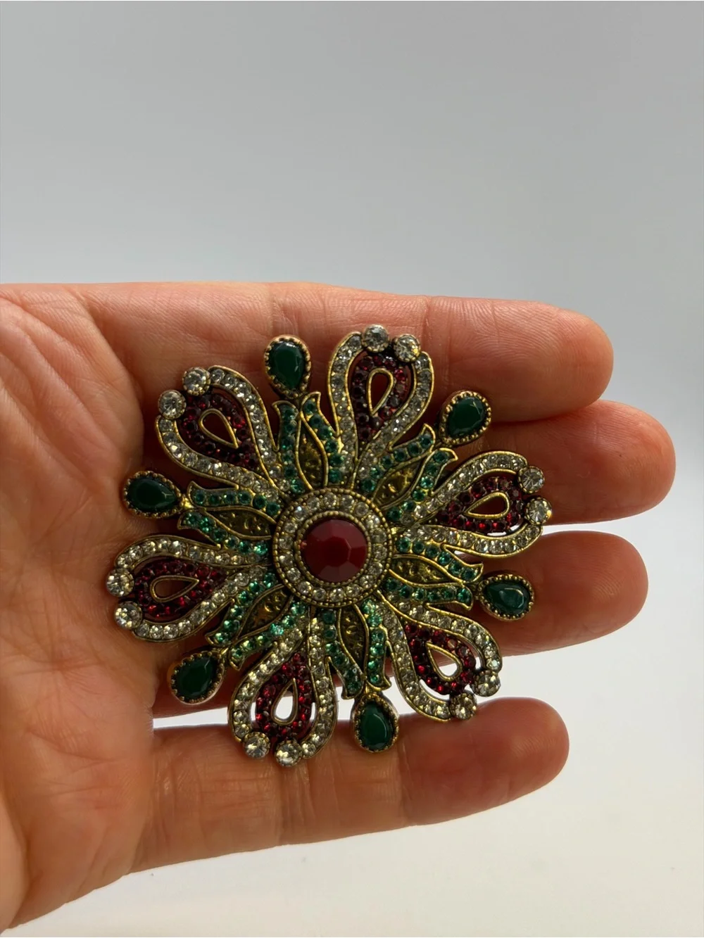 Vintage-Inspired Green & Red Rhinestone Brooch